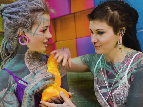 KiloMatures presents: Two tattooed girls get ass fucked by a big dick