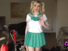 KiloMatures presents: Costume babe in a miniskirt fucks a toy outdoors