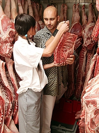 KiloMatures presents: Teenage brunette gets dirty with the butcher his big meat