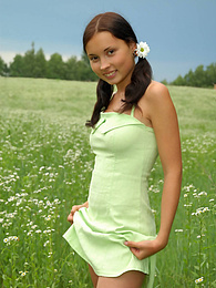 KiloMatures presents: Marvelous nude babe with two pretty ponytails has a walk in the field of chamomiles and fondles her tender skin with them.