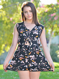 KiloMatures presents: Svelte american dark-haired teen Kylie Quinn in shorts toys her twat outdoor