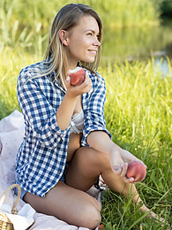 KiloMatures presents: Skinny blonde Paulina gets naked on a blanket in a field of wheat